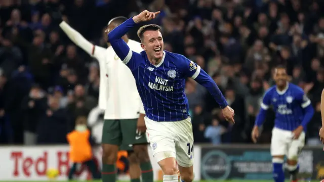 Cardiff City midfielder David Turnbull celebrates