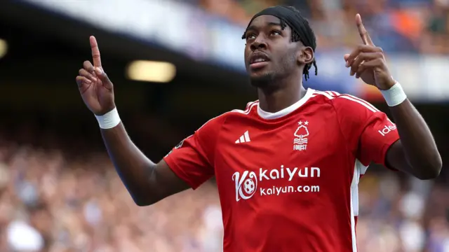 Anthony Elanga celebrates his goal for Nottingham Forest at Chelsea in September 2023