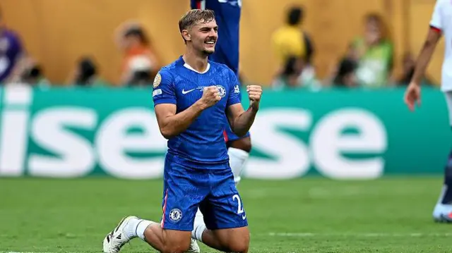 Kiernan Dewsbury-Hall #22 of Chelsea FC celebrates after the team's victory in the FIFA Club World Cup 2025 Final match between Chelsea FC and Paris Saint-Germain at MetLife Stadium 