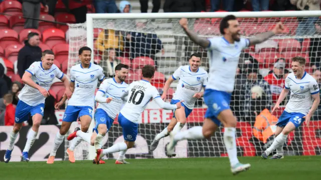 Portsmouth celebrate their late winner at Middlesbrough