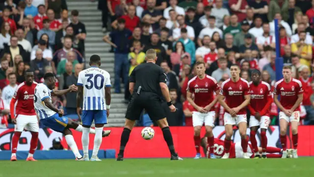 Danny Welbeck of Brighton & Hove Albion scores his team's second goal during the Premier League match between Brighton & Hove Albion FC and Nottingham Forest FC at Amex Stadium