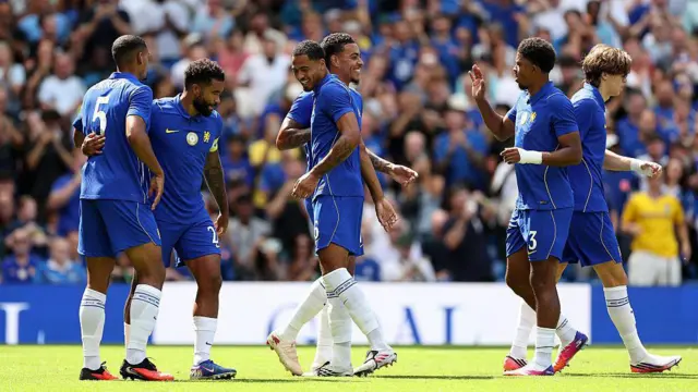 Morgan Rogers of Chelsea celebrates scoring his team’s first goal with his teammates