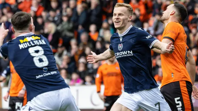 Dundee's Scott Tiffoney (R) celebrates scoring to make it 2-0 during a William Hill Premiership match between Dundee United and Dundee at the the CalForth Construction Arena at Tannadice