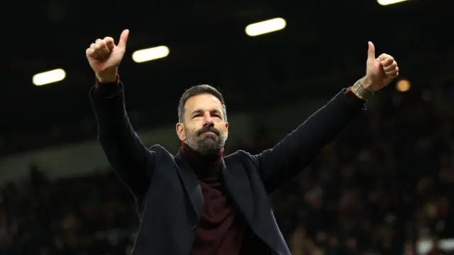 Ruud van Nistelrooy, Interim Head Coach of Manchester United, gestures to the fans at the end of the Premier League match between Manchester United FC and Chelsea FC at Old Trafford