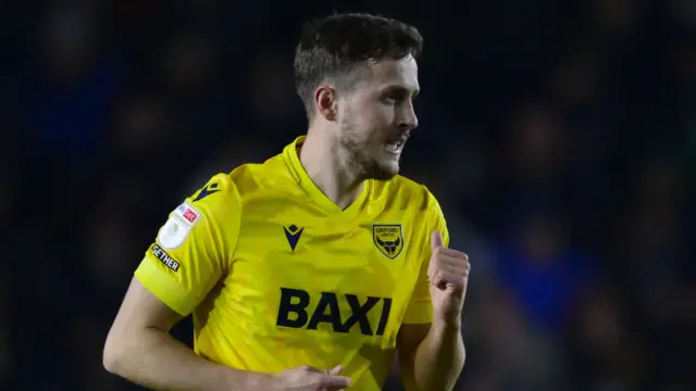 Oxford United midfielder Will Vaulks celebrating his first goal of the season against Plymouth Argyle