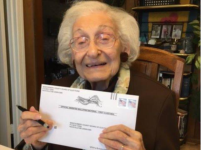 "Estelle L. Schultz, who was born two years before women had the right to vote, marked her absentee ballot for the first female president, Hillary Clinton."