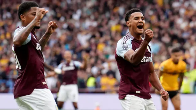 Ollie Watkins celebrates his goal for Aston Villa against Wolves