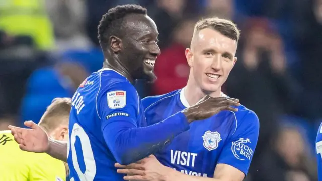 Famara Diedhiou celebrating his first Cardiff City goal