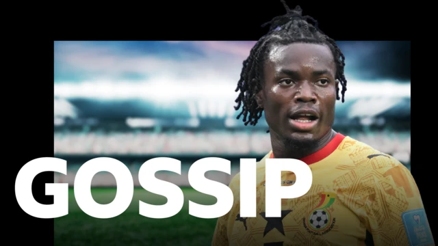 Abdul Fatawu, wearing Ghana's yellow shirt with a red collar, stands with his mouth open during a World Cup game. Fatawu appears on top of BBC Sport's gossip column graphic which has 'gossip' written in white letters on top of a blurred out floodlit football stadium.