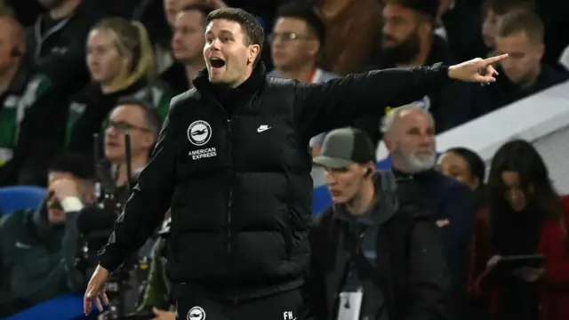 Brighton's German head coach Fabian Hurzeler gestures on the touchline