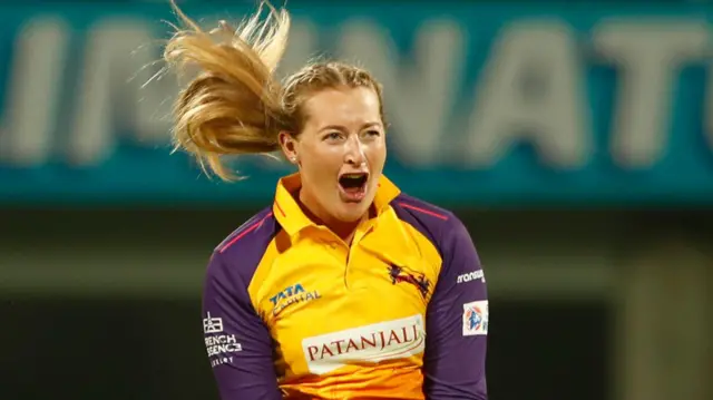 Sophie Ecclestone celebrates taking a wicket for UP Warriorz in the Women's Premier League
