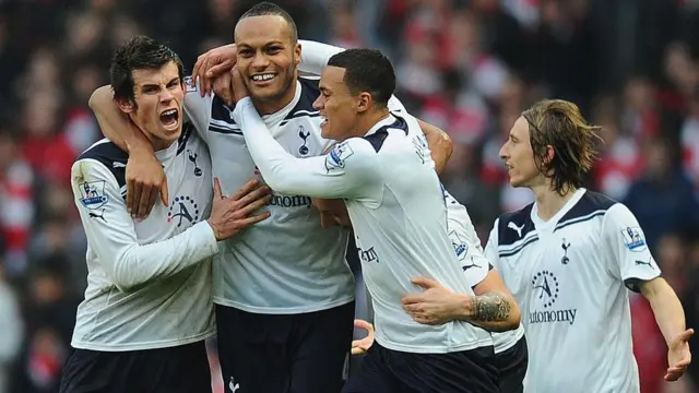Tottenham players celebrate Younes Kaboul's winning goal