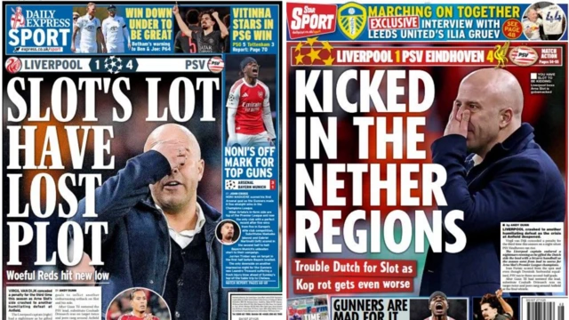 Back pages of the Daily Express and Daily Star which read 'Slot's lot have lost the plot' and 'kicked in the nether regions.'