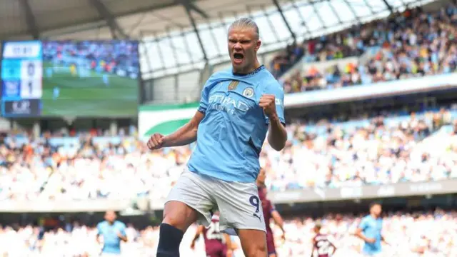 Erling Haaland celebrates scoring against Ipswich