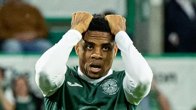 Hibernian's Wojciech Urbanski reacts to a missed chance during a UEFA Conference League Play-Offs First Leg match between Hibernian and Legia Warsaw at Easter Road, 