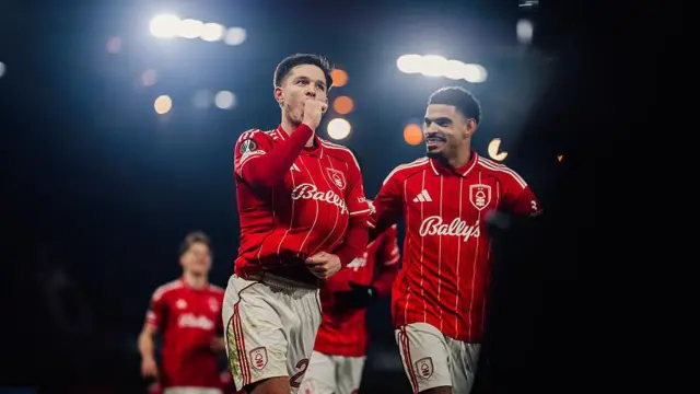 James McAtee of Nottingham Forest celebrates scoring 