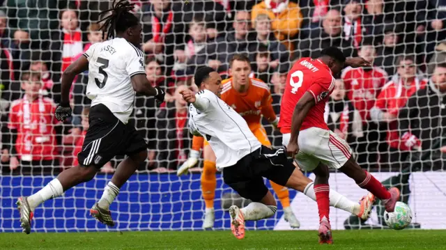 Nottingham Forest's Taiwo Awoniyi has a shot against Fulham