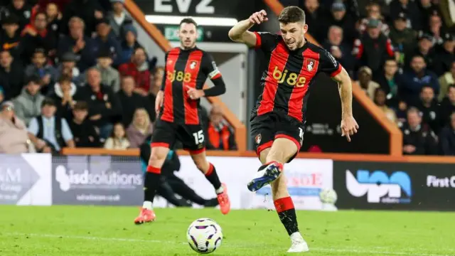 Bournemouth's Ryan Christie sees his shot hit the post during the Premier League match between Bournemouth and Chelsea.