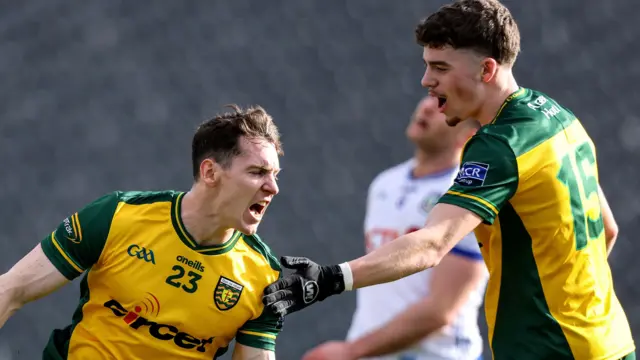 Jamie Brennan celebrates his goal with Shea Malone who netted twice on Sunday 