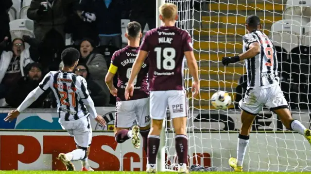 St Mirren's Miguel Freckleton puts the ball in the net