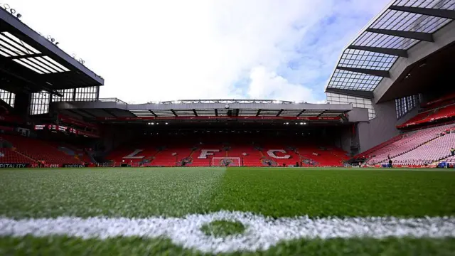 General view of pitch and stand inside Anfield