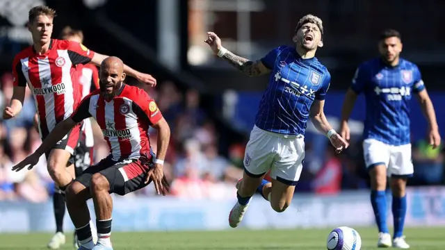 Julio Enciso goes to ground under pressure from Bryan Mbeumo during Ipswich's Premier League defeat at home to Brentford