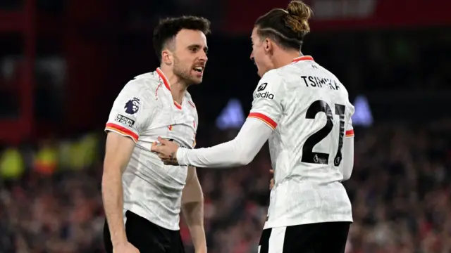 Diogo Jota and Kostas Tsimikas celebrate a Liverpool goal