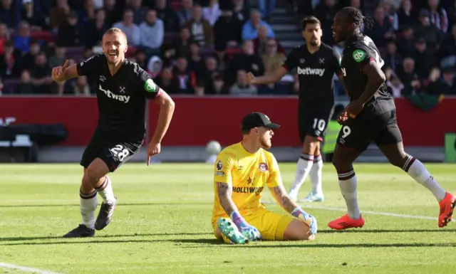 Tomas Soucek celebrates after scoring against Brentford.