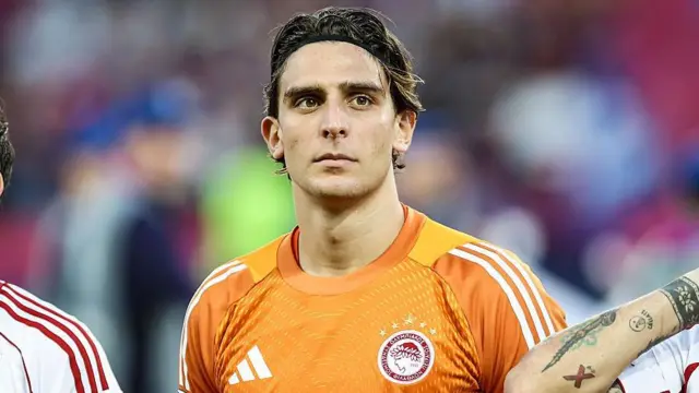 Konstantinos Tzolakis of Olympiacos FC participates in the UEFA Champions League 2025/26 League match between FC Barcelona and Olympiacos FC.
