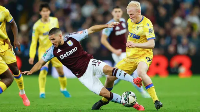 Emiliano Buendia is fouled by Will Hughes 