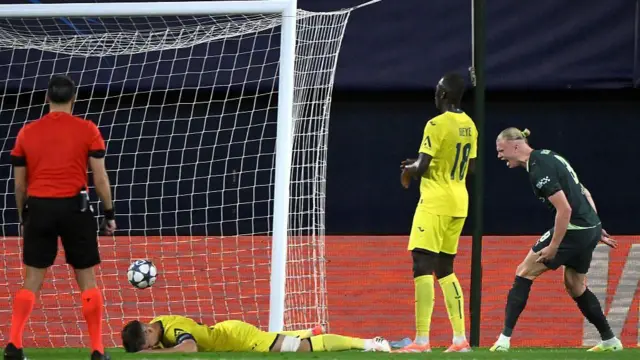 Erling Haaland shouts in celebration after scoring Manchester City's first goal against Villarreal