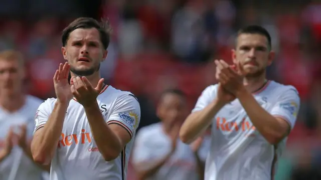 Swansea City strikers Liam Cullen (L) and Zan Vipotnik