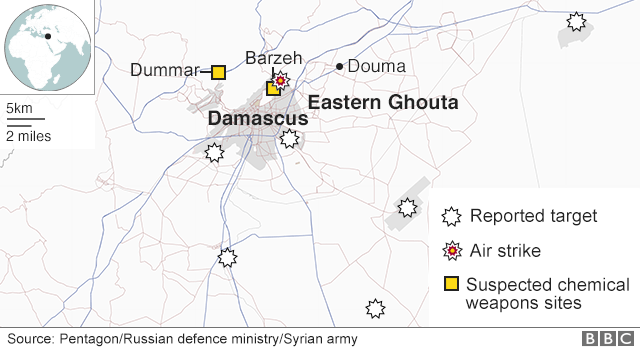 Map showing where strikes are reported to have hit Syria on 14 April 2018