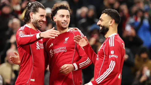 Celebrations for Liverpool feature Curtis Jones, Dominik Szobozslai and Mohamed Salah
