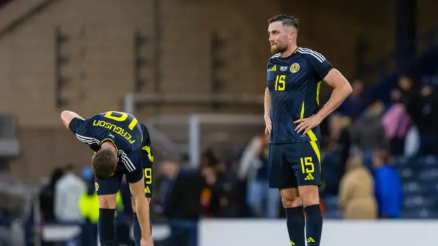 Scotland's Lewis Ferguson and John Souttar look dejected