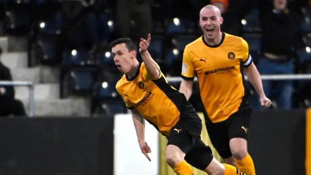 Paul Heatley celebrates scoring for Carrick Rangers 