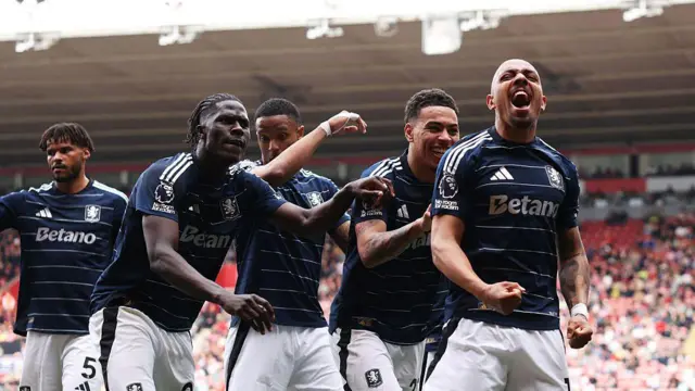 Donyell Malen celebrates after scoring for Aston Villa