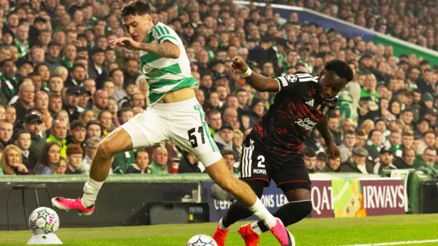 Celtic's Colby Donovan and LASK's George Bello in action during a UEFA Champions League Play-Off Round first-leg match between Celtic and LASK