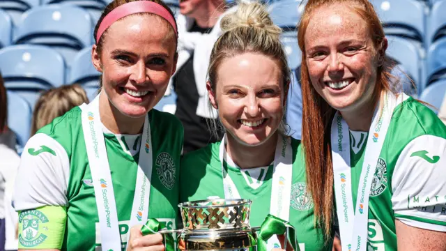Ellis Notley (right) is part of Hibs' leadership group with Kirsten Reilly (left) and Rachael Boyle (centre)