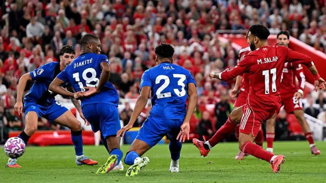 Mohamed Salah takes a shot against Bournemouth defenders