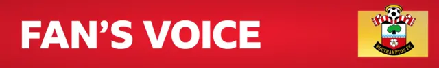 A red banner with 'Fan's Voice' written across in white lettering next to the Southampton club badge