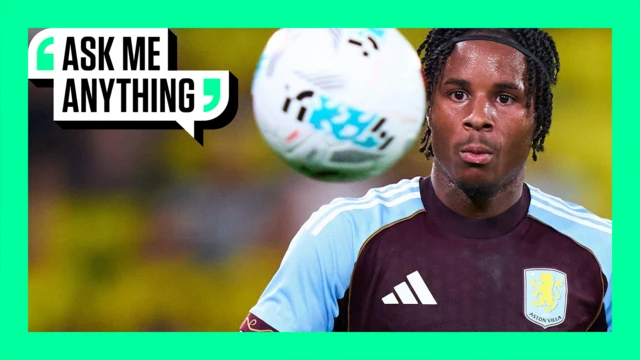 Triston Rowe of Aston Villa on a BBC Ask Me Anything graphic. He stares at the ball.