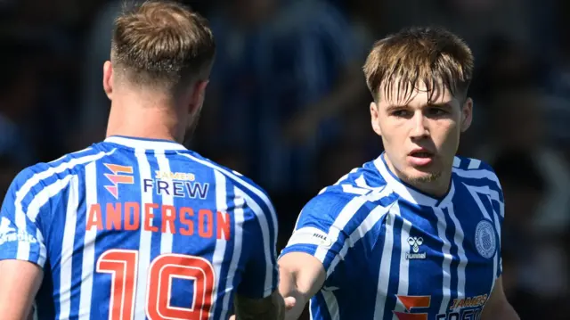 Kilmarnock's Ben Brannan celebrates with Bruce Anderson after scoring to make it 1-0 during a Premier Sports Cup group stage match between Brora Rangers and Kilmarnock at Dudgeon Park