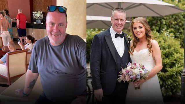 Two photos side by side show Warren Elder in a baggy t-shirt and resting on the arm of a sofa, at his heaviest weight on the left, while on the right he is seen 18 months later at his daughter's wedding, in a suit and with his daughter in a weeding dress at his side