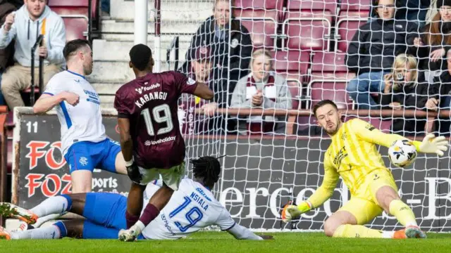 Hearts' Elton Kabangu is denied by Rangers' Jack Butland