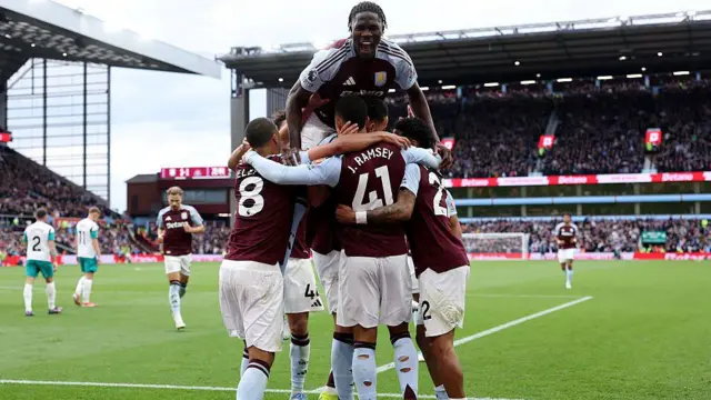 Aston Villa players celebrate against Newcastle