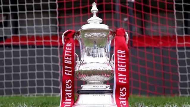 The Emirates FA Cup Trophy is seen at Latimer Park on November 30, 2024