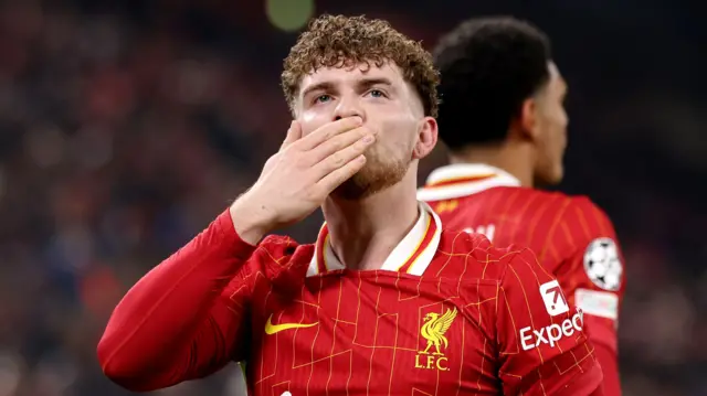 Liverpool's Harvey Elliott celebrates scoring against Lille in the Champions League