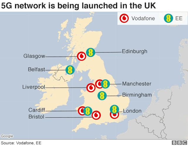 Map showing where Vodafone and EE are launching their 5G network coverage