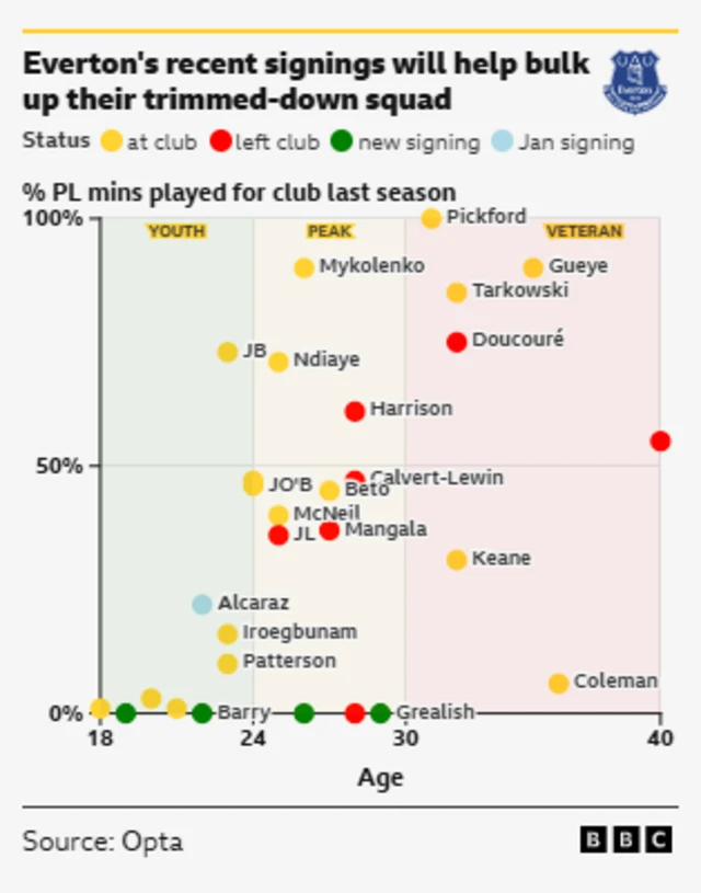 This graph, sourced from Opta and published by the BBC, illustrates the age and playing time (as a percentage of Premier League minutes played last season) of Everton's players